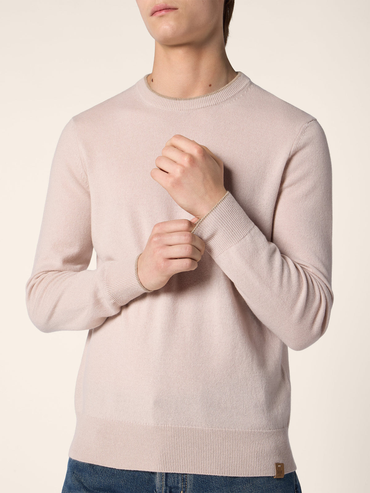 Men's pink crew neck sweater with long sleeves and ribbed trims