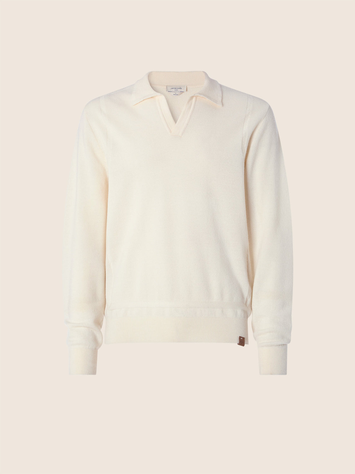 Men's cream long-sleeve polo sweater with folded collar and ribbed cuffs