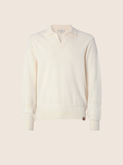 Men's cream long-sleeve polo sweater with folded collar and ribbed cuffs