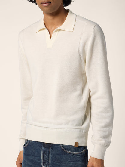 Men's cream long-sleeve polo sweater with folded collar and ribbed cuffs