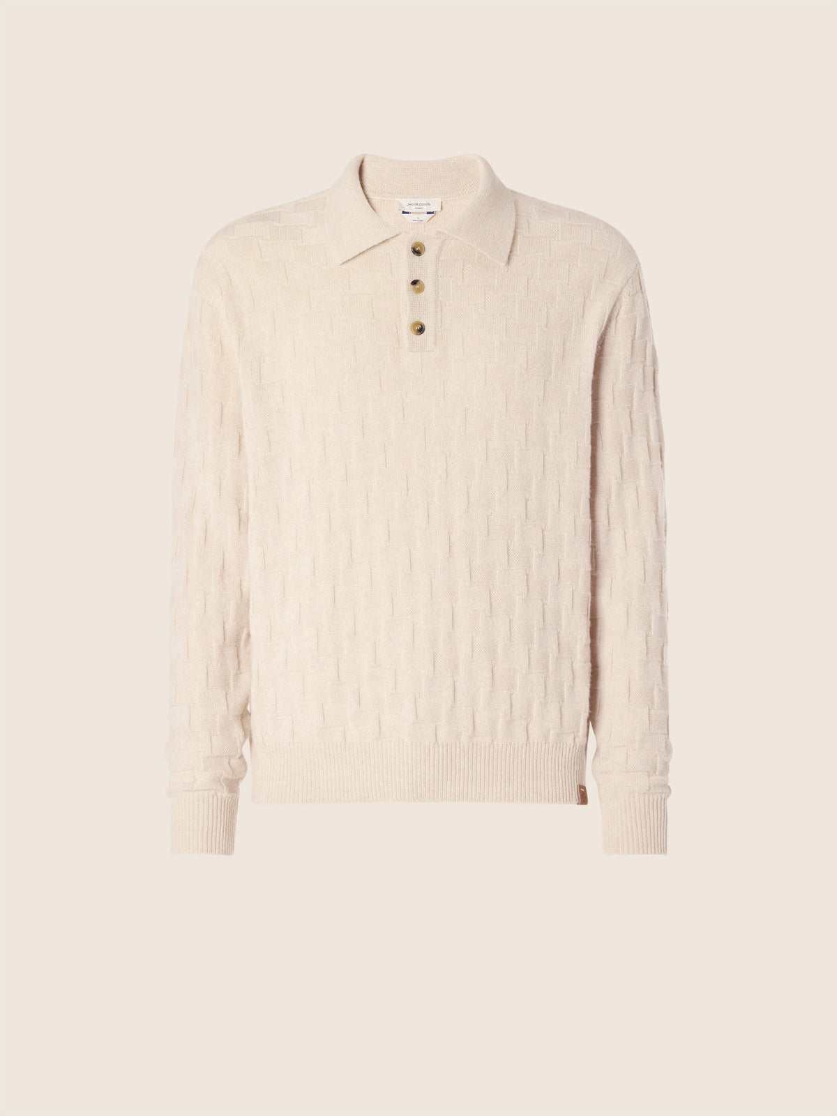 Men's beige textured long-sleeve polo sweater with button placket