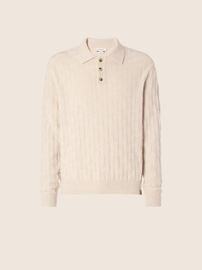 Men's beige textured long-sleeve polo sweater with button placket
