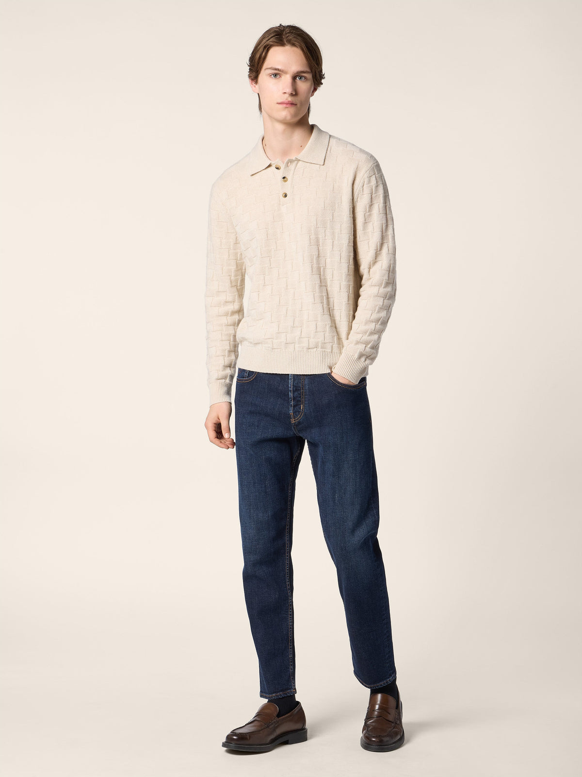 Men's beige textured long-sleeve polo sweater with button placket
