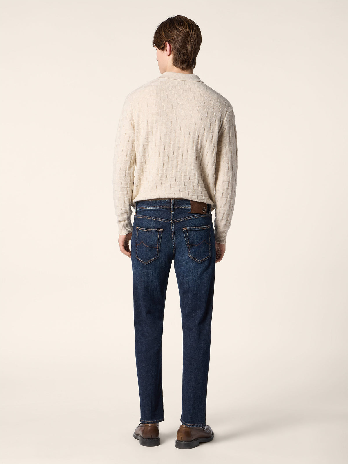 Men's beige textured long-sleeve polo sweater with button placket