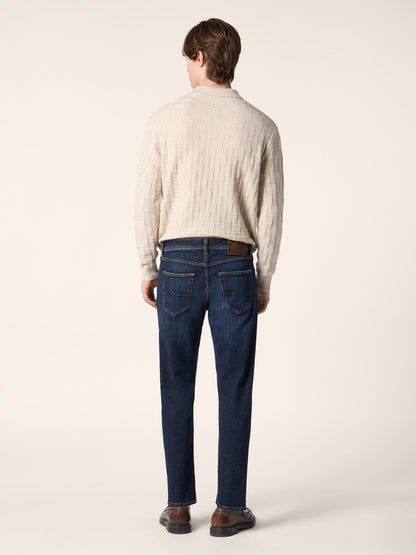 Men's beige textured long-sleeve polo sweater with button placket