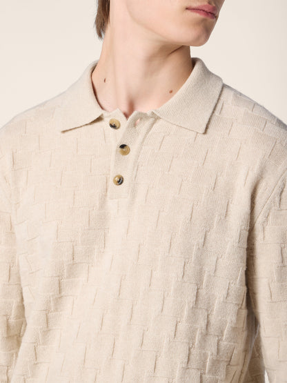 Men's beige textured long-sleeve polo sweater with button placket