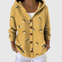 Women's yellow hooded cardigan with bee pattern and button front