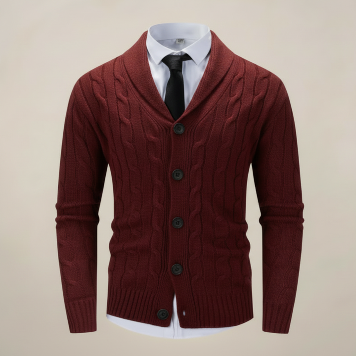 Men's cable knit shawl collar cardigan with button front