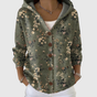Women's muted green floral hooded cardigan with brown buttons and long sleeves