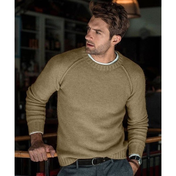 Men's long-sleeve crew neck knit sweater with ribbed trims