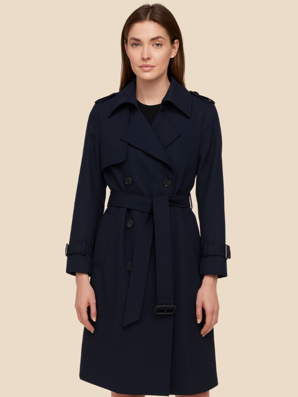 Women's belted double-breasted trench coat with long sleeves and notched collar