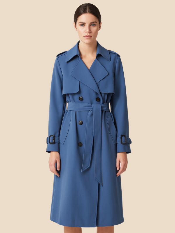 Women's belted double-breasted trench coat with long sleeves and notched collar