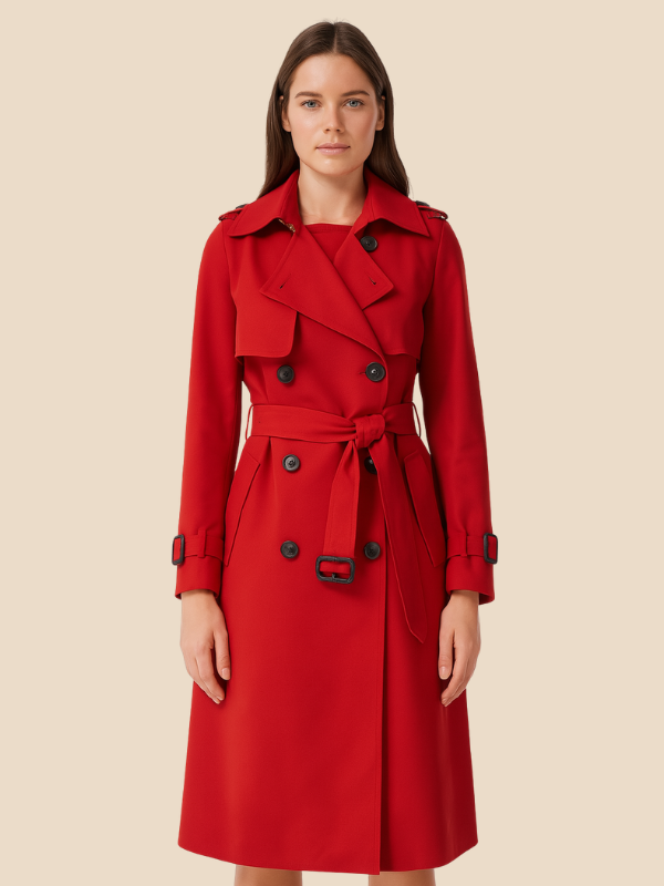 Women's belted double-breasted trench coat with long sleeves and notched collar