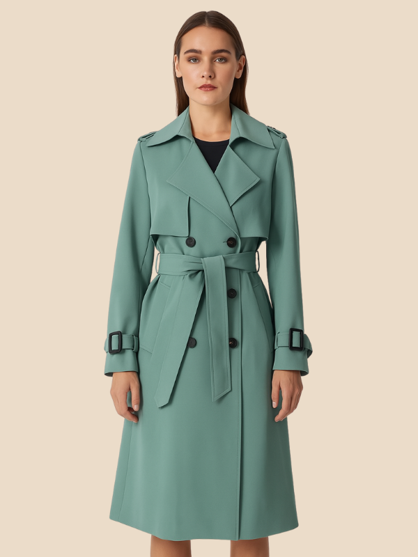 Women's belted double-breasted trench coat with long sleeves and notched collar