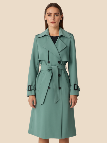Women's belted double-breasted trench coat with long sleeves and notched collar