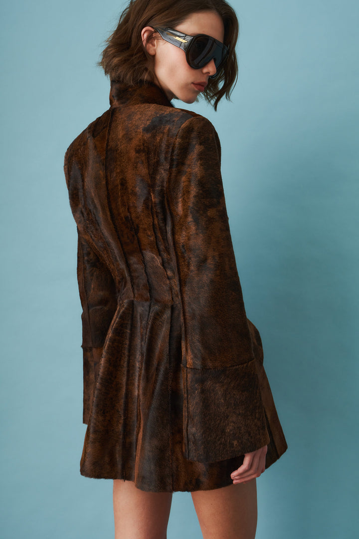 Women's brown fitted blazer with stand collar and flap pockets
