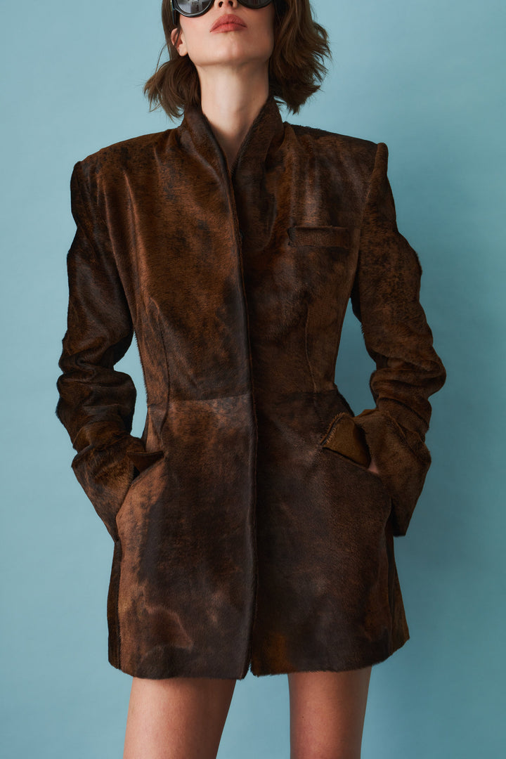 Women's brown fitted blazer with stand collar and flap pockets