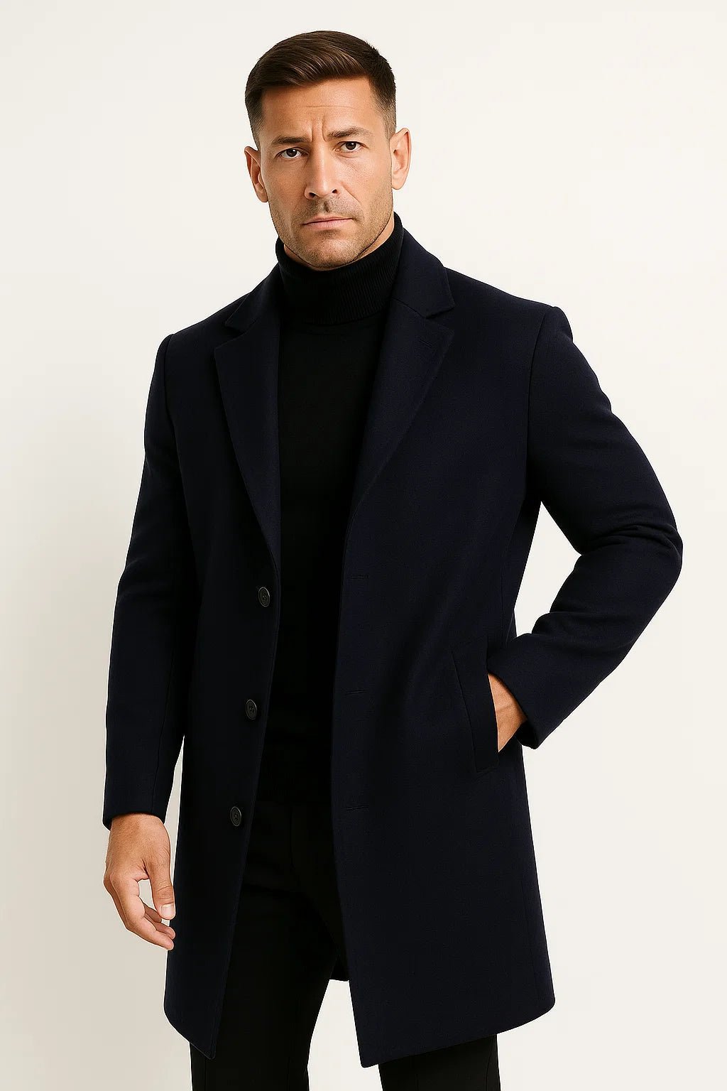 Men's long trench coat with notched lapels, button front and side pockets