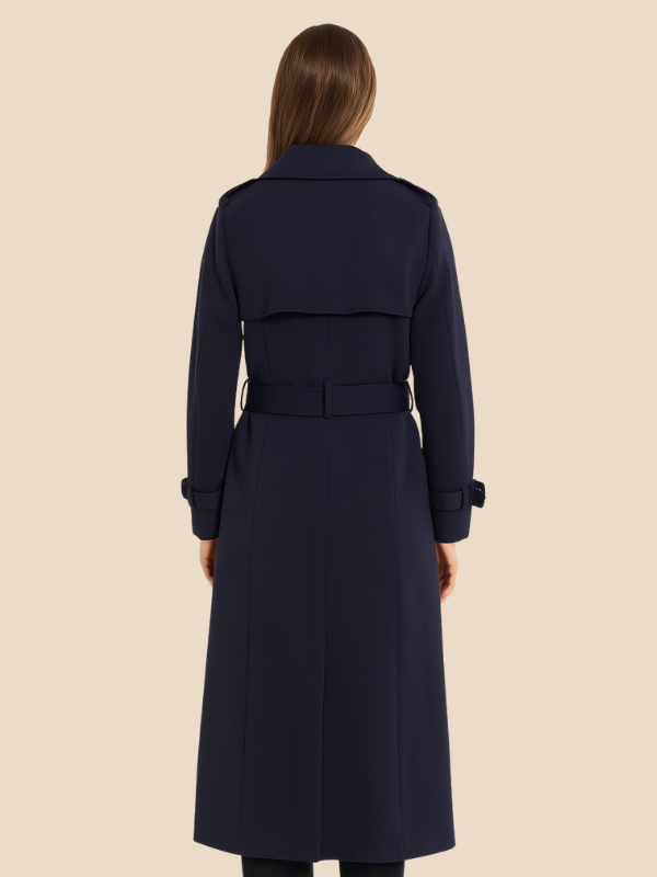 Women's belted double-breasted trench coat with long sleeves and notched collar