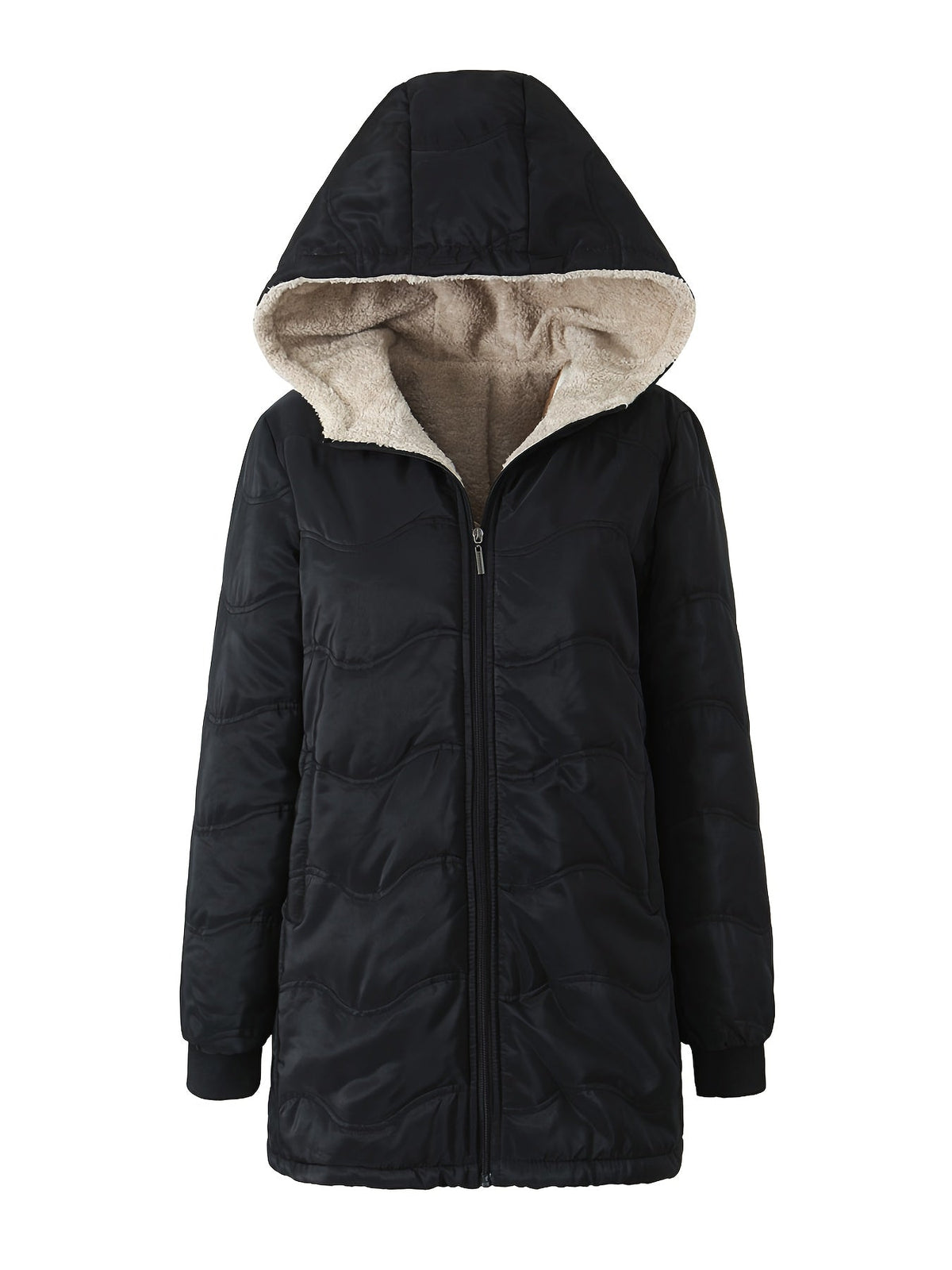 Women's long hooded quilted jacket with fleece-look lining and zip front