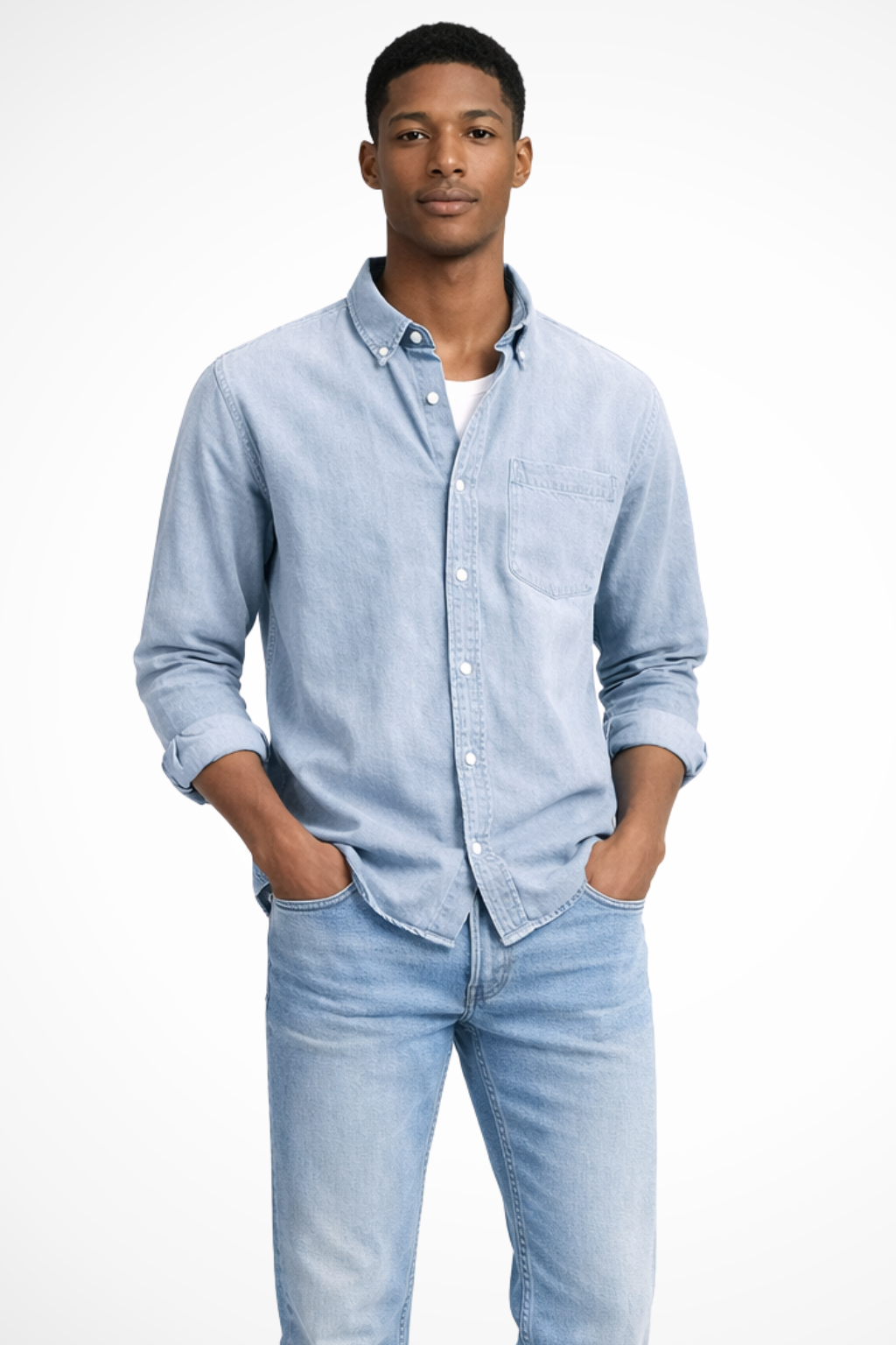 Men's long-sleeve button-down denim shirt with chest pocket