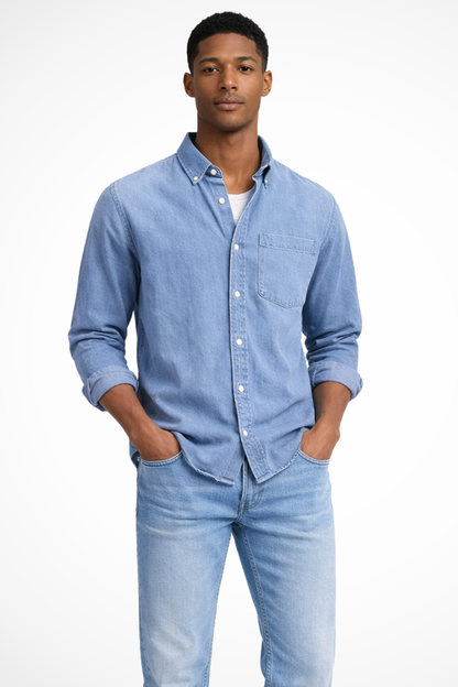 Men's long-sleeve button-down denim shirt with chest pocket