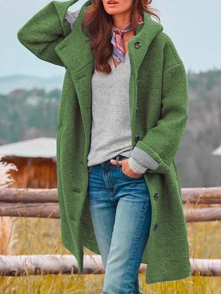 Women's hooded long coat with button front and side pockets