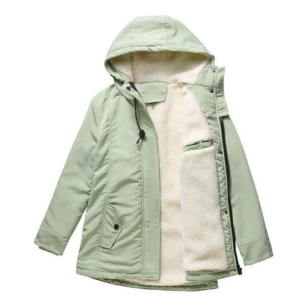 Women's hooded winter coat with contrasting lining and zip front