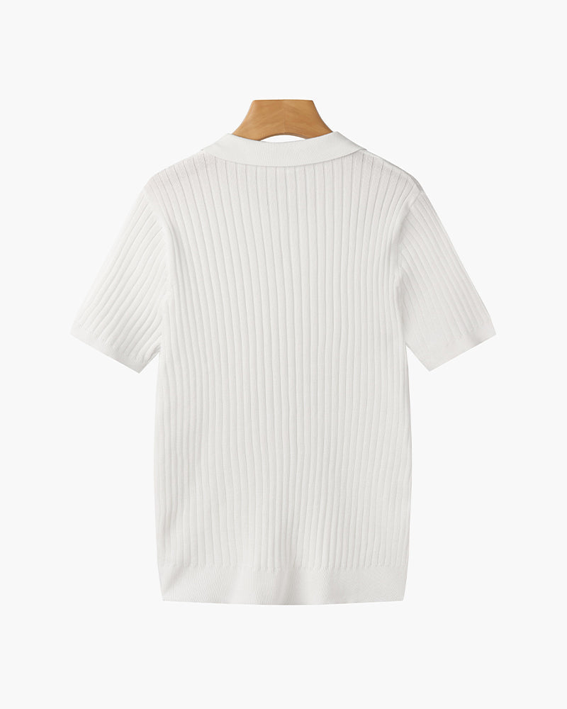 Ribbed knit polo shirt with short sleeves and spread collar