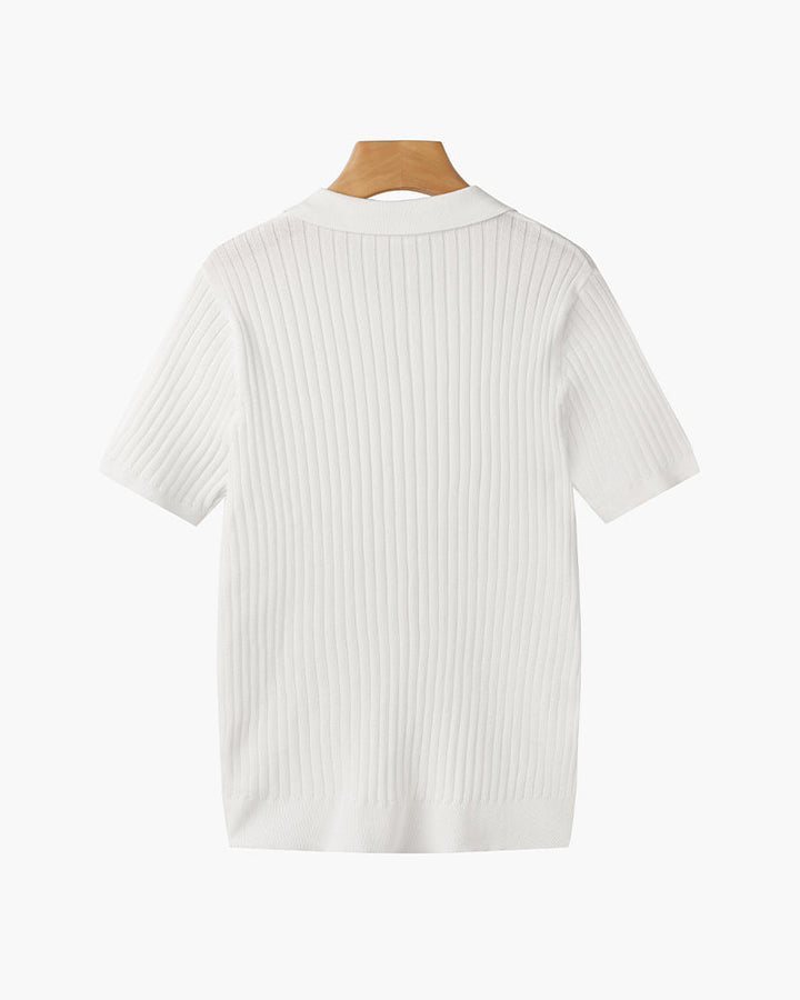 Ribbed knit polo shirt with short sleeves and spread collar