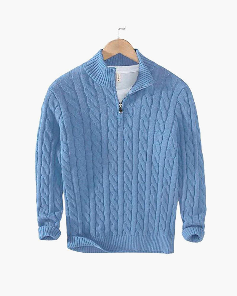 Cable knit sweater with mock collar, quarter zip and ribbed trims