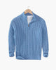 Cable knit sweater with mock collar, quarter zip and ribbed trims