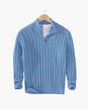 Cable knit sweater with mock collar, quarter zip and ribbed trims