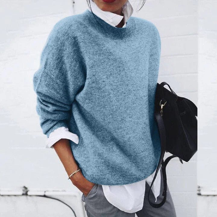 Women's crew neck knit sweater with long sleeves and ribbed trims