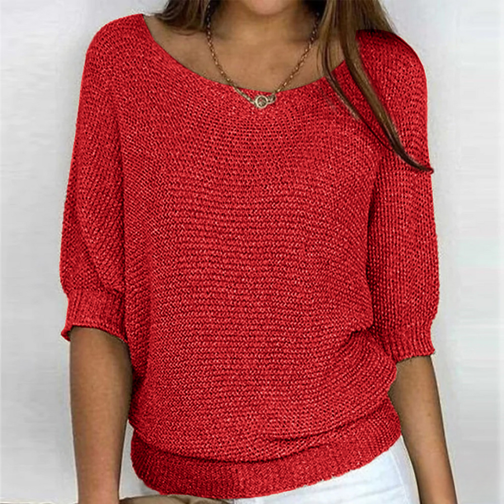 Women's textured knit sweater with wide round neck and three-quarter sleeves