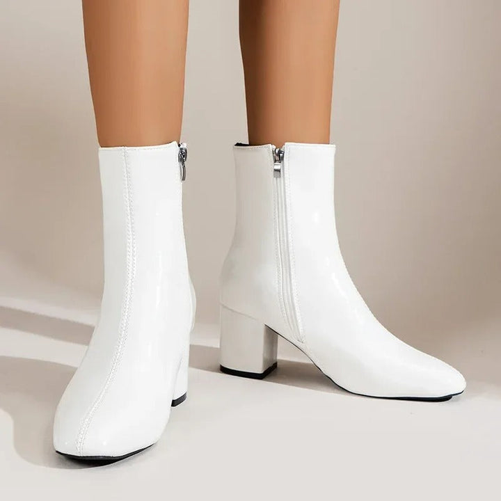 Women's glossy ankle boots with square toe and block heel