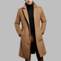 Men's long button-front overcoat with notched lapels and side pockets