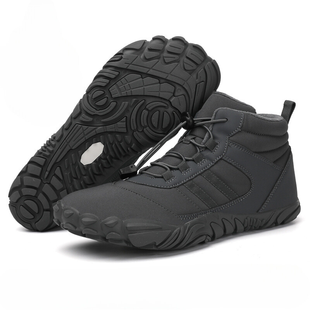 Fleece-lined barefoot ankle boots with lace-up fronts and rugged flat soles