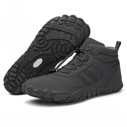 Fleece-lined barefoot ankle boots with lace-up fronts and rugged flat soles