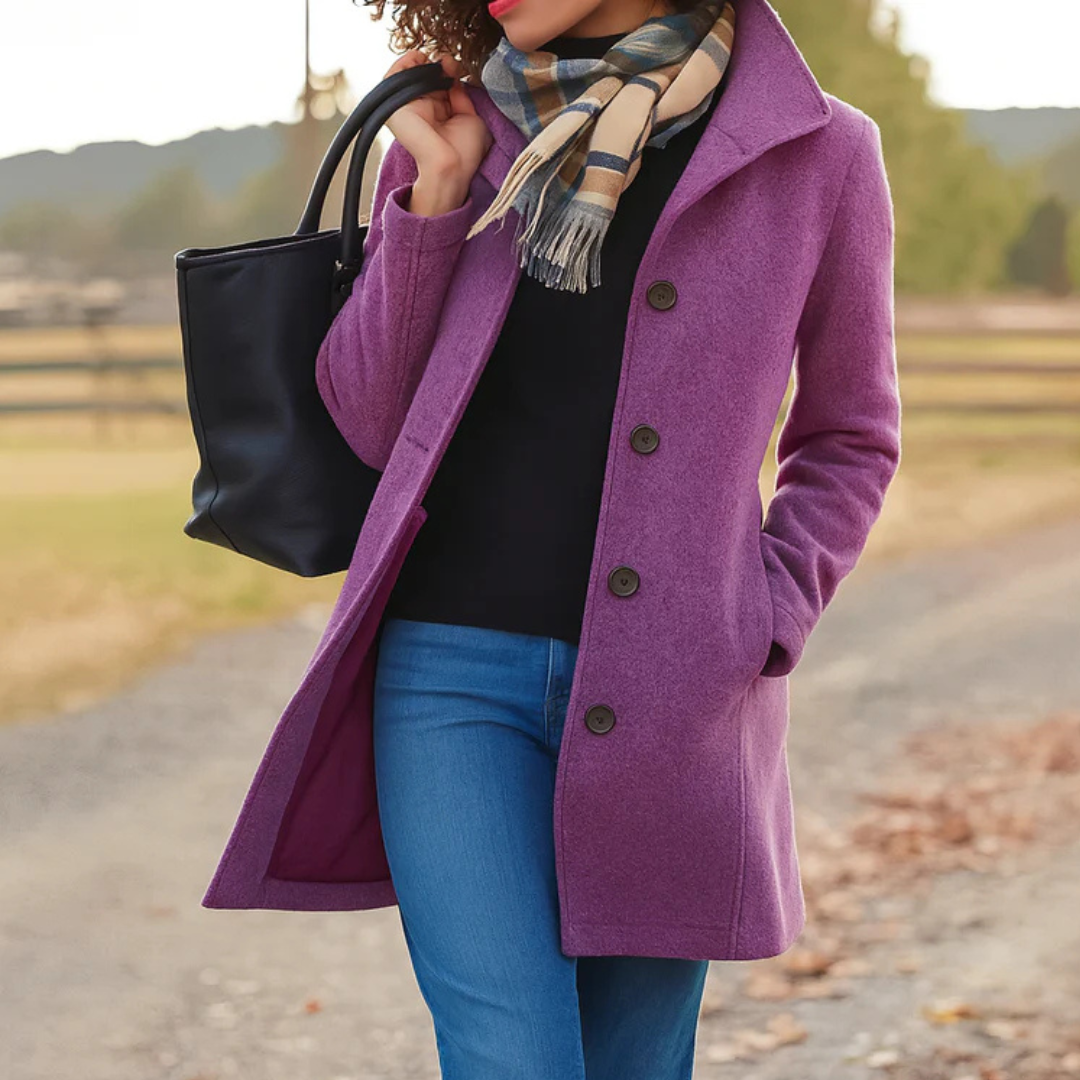 Women's button-front coat with lapel collar, long sleeves and side pockets