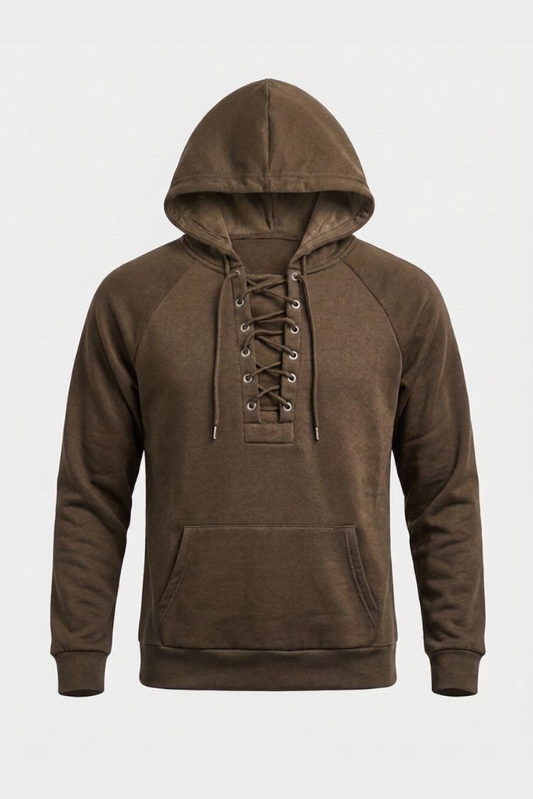 Men's hooded sweatshirt with lace-up front, long sleeves and kangaroo pocket