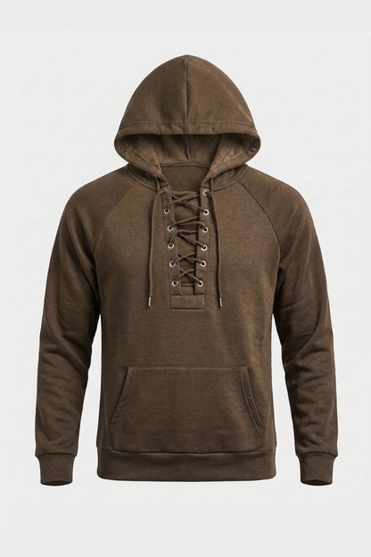 Men's hooded sweatshirt with lace-up front, long sleeves and kangaroo pocket