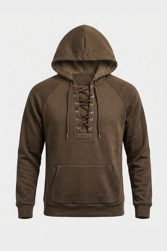 Men's hooded sweatshirt with lace-up front, long sleeves and kangaroo pocket