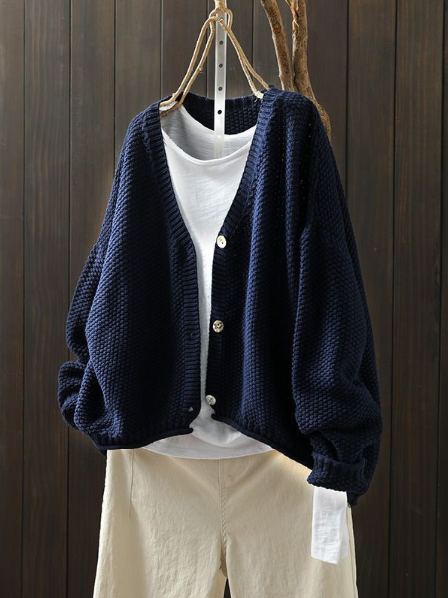 Women's textured knit cardigan with V-neck, button front and long sleeves