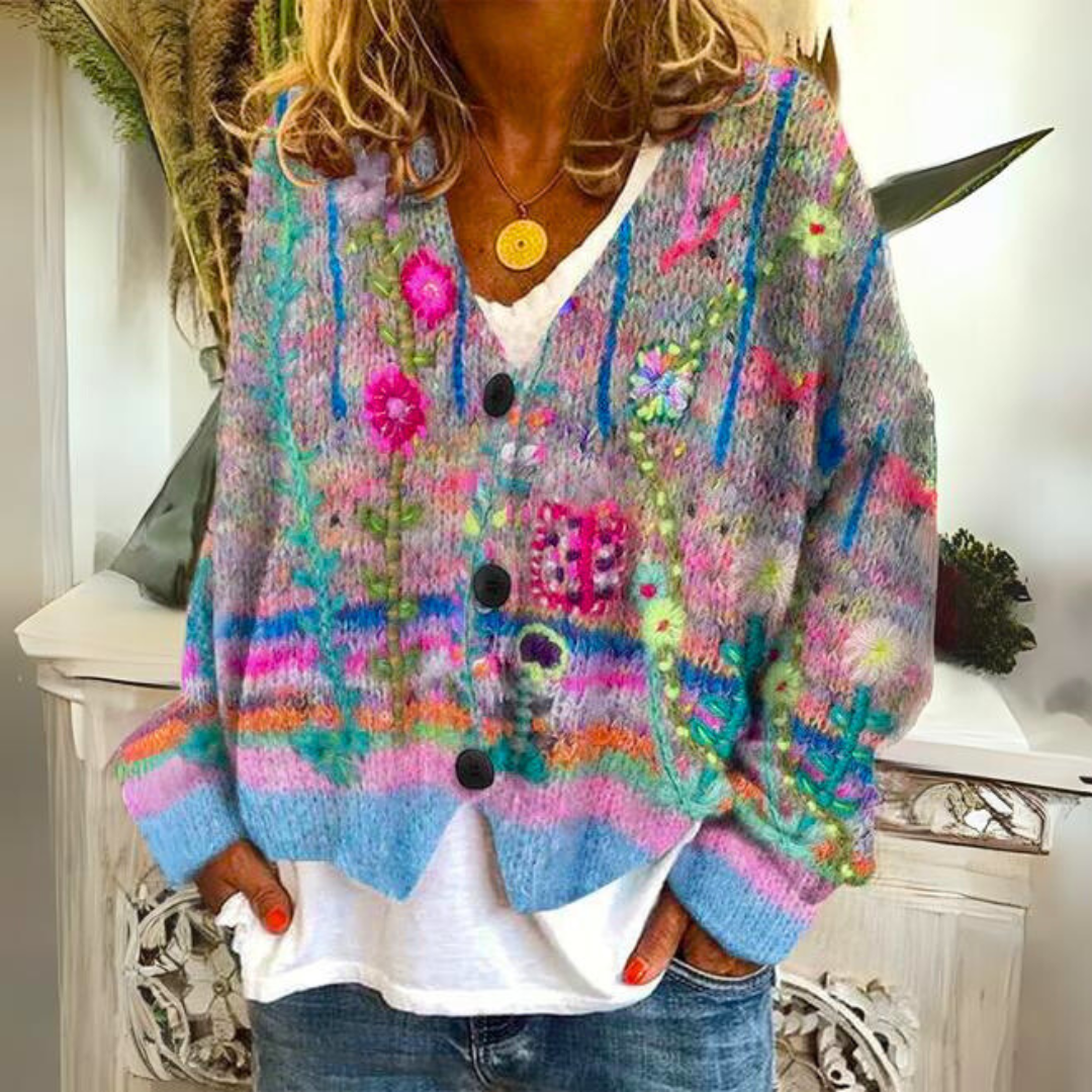 Women's multicolour striped cardigan with floral embroidery and button front