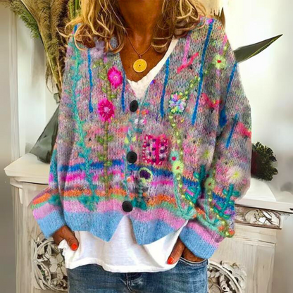 Women's multicolour striped cardigan with floral embroidery and button front