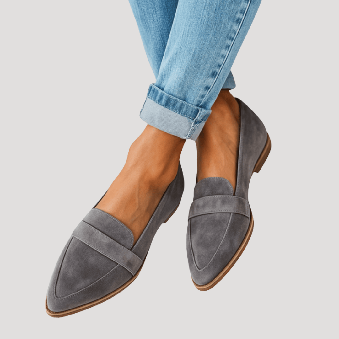 Women's penny loafers with almond toes, low heels and vamp straps