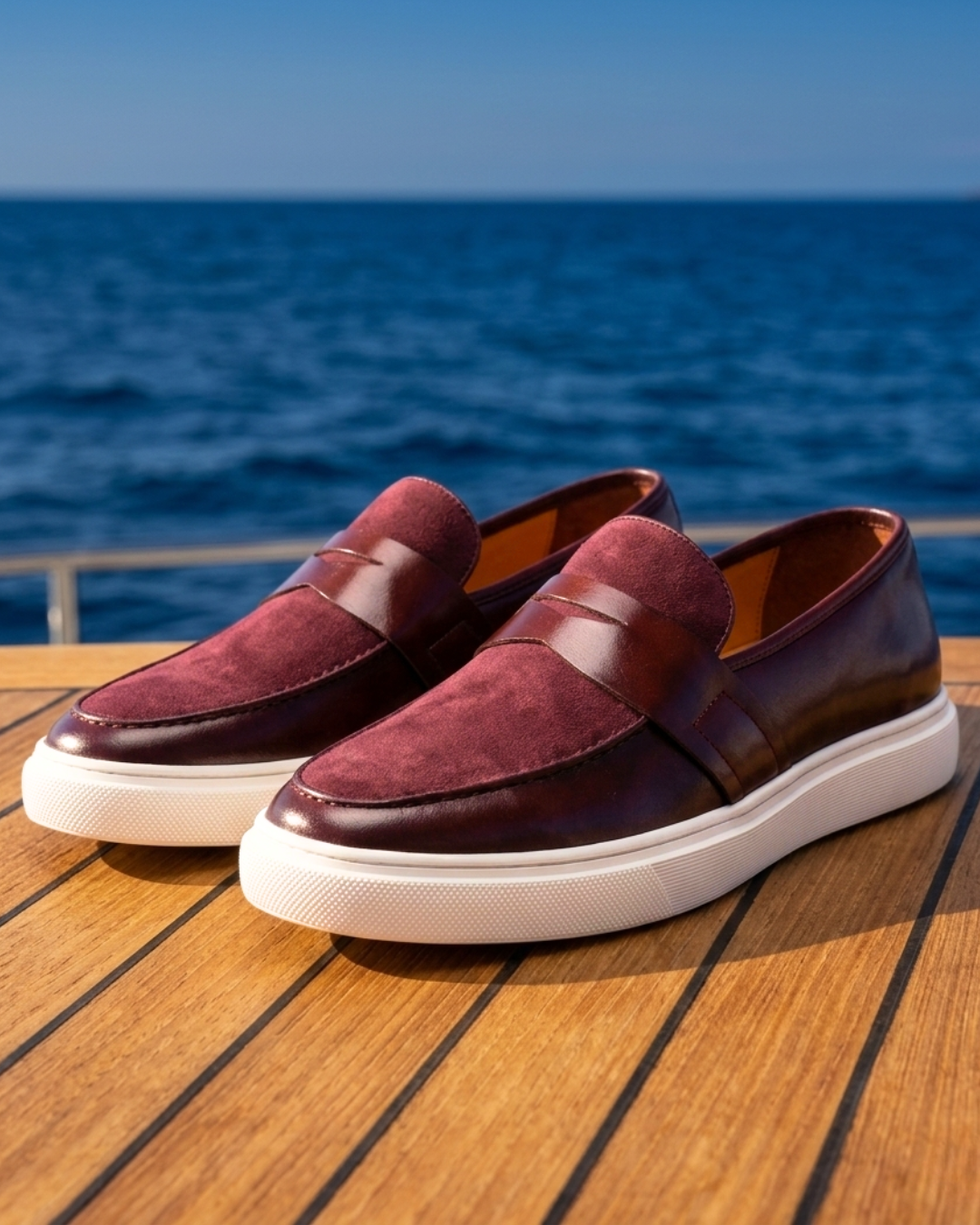 Slip-on penny loafer with textured vamp panel and flat contrast sole
