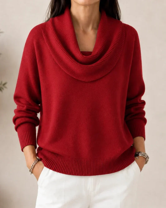 Women's knit sweater with draped cowl neckline, long sleeves and ribbed trims