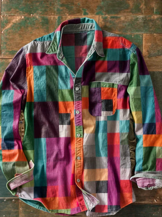 Men's multicolor plaid long-sleeve button-up shirt with chest pocket and curved hem
